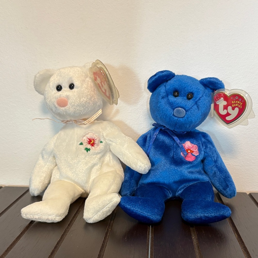 Ty Plush Bears in White and Blue with Floral Embroidery